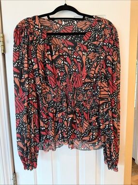 Women’s Puff-Sleeve Smocked Waist Butterfly Print Top - Red/Black